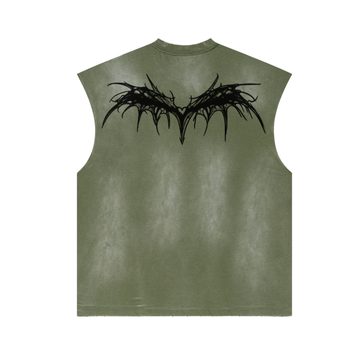 285GSM Unisex Monkey-Wash PP Spray Distressed Tank Top Vintage Military Green