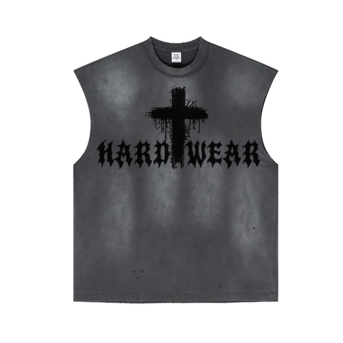 285GSM Unisex Monkey-Wash PP Spray Distressed Tank Top 	Vintage Dark Grey